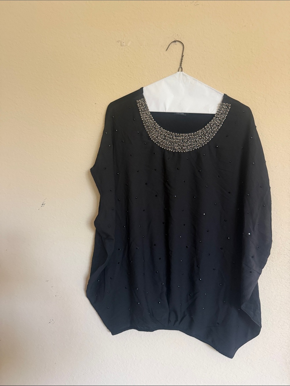 BCBGMaxAzria Black Beaded Neckline Draped Tunic